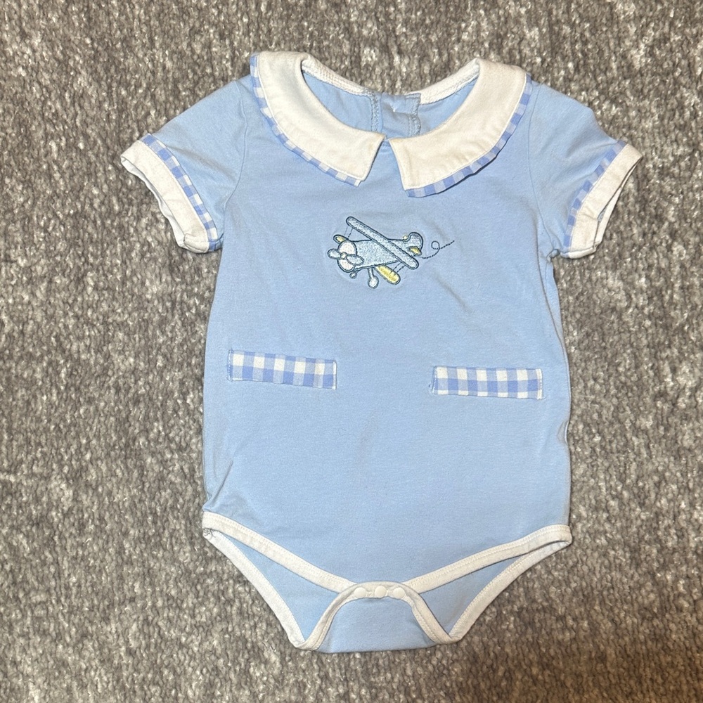 Light Blue Airplane Embroidered onesie with gingham trim 12/18mo